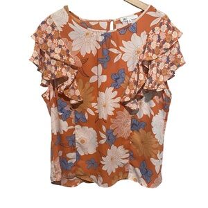 DR2 Women's Orange and Blue Floral Blouse w/ Short‎ Ruffle Sleeves Size XL